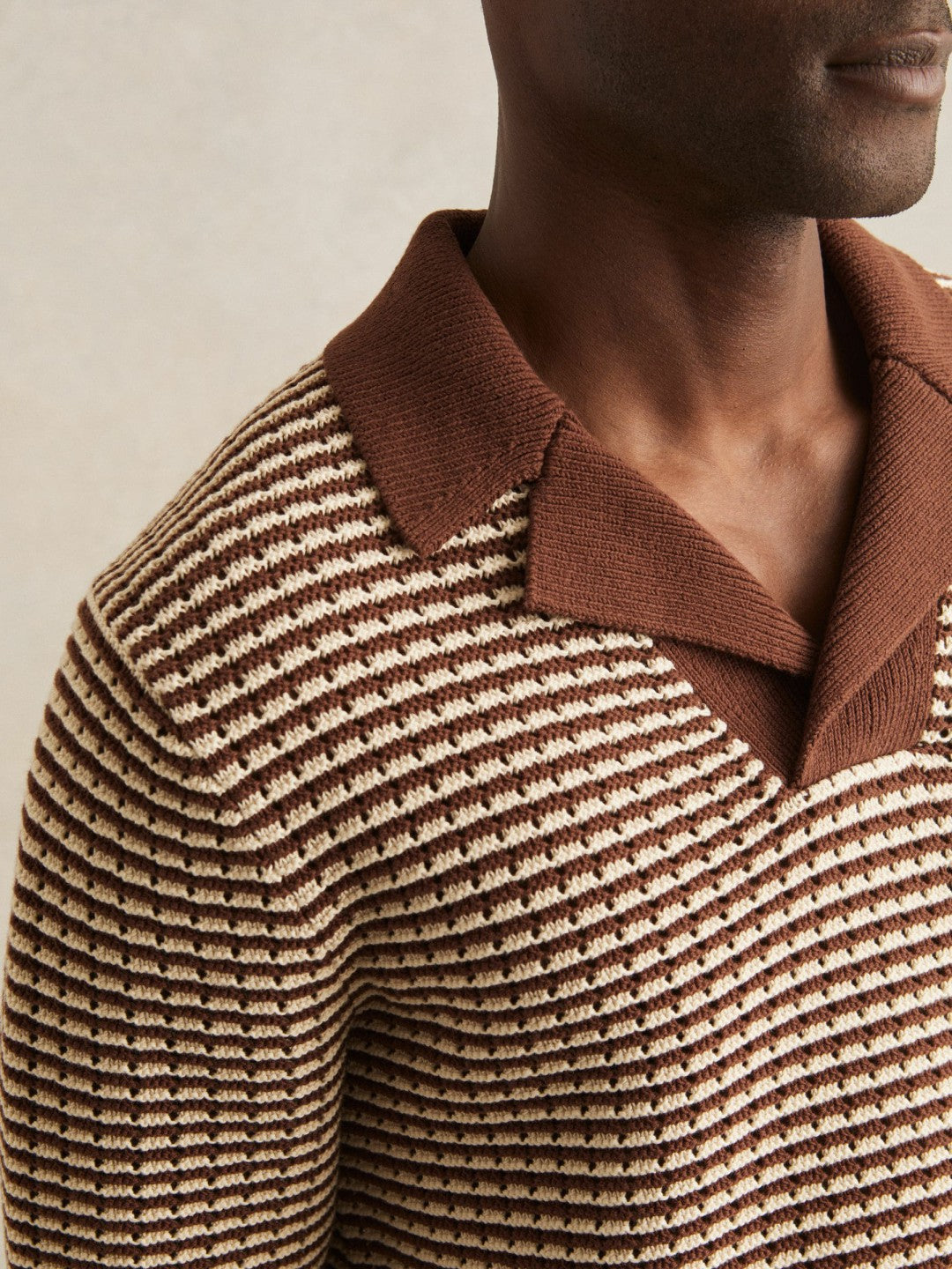 Cotton Textured Knit Stripe Polo Shirt Tobacco Brown/ Off White | Men