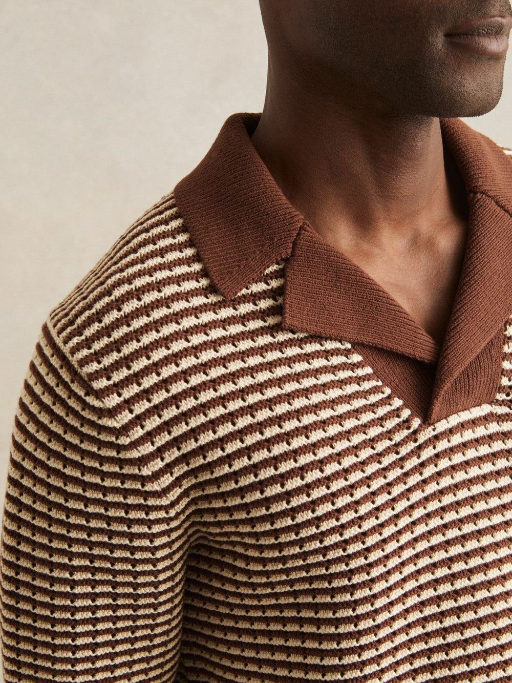 Cotton Textured Knit Stripe Polo Shirt Tobacco Brown/ Off White | Men