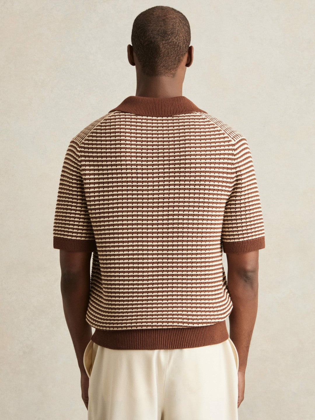 Cotton Textured Knit Stripe Polo Shirt Tobacco Brown/ Off White | Men