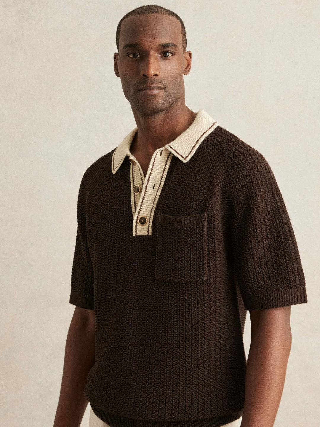 Cotton Textured Knit Contrast Polo Shirt Dark Brown/Stone | Men