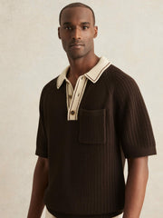 Cotton Textured Knit Contrast Polo Shirt Dark Brown/Stone | Men