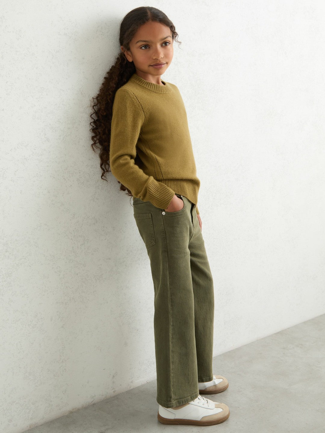 13-14 yrs Wool-Blend Open-Stitch Jumper with Cashmere Khaki Green | Children & Baby