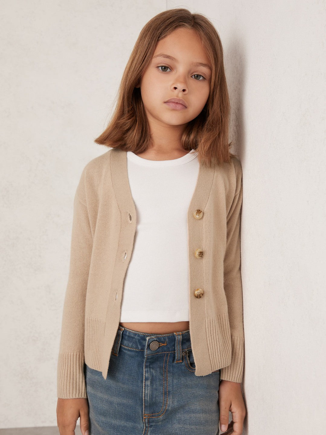 9-13 yrs Wool-Blend Fitted Cardigan With Cashmere Neutral | Children & Baby