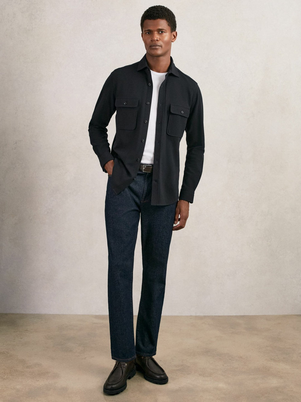 Textured Twin Pocket Cotton Blend Overshirt Navy | Men