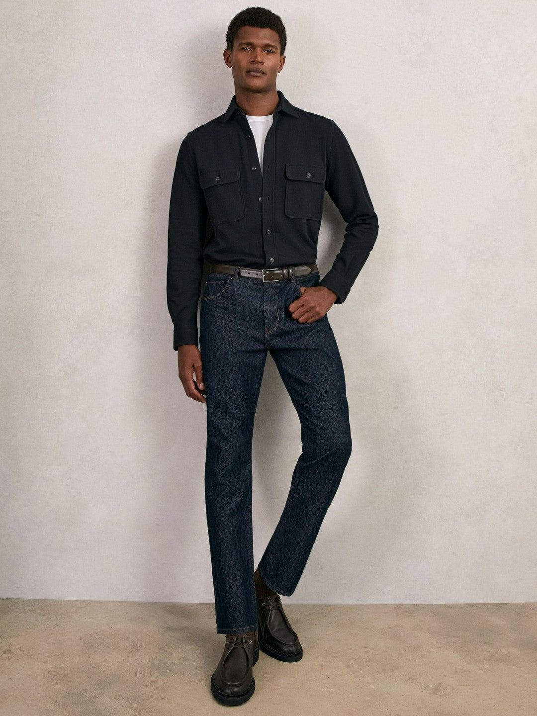 Textured Twin Pocket Cotton Blend Overshirt Navy | Men