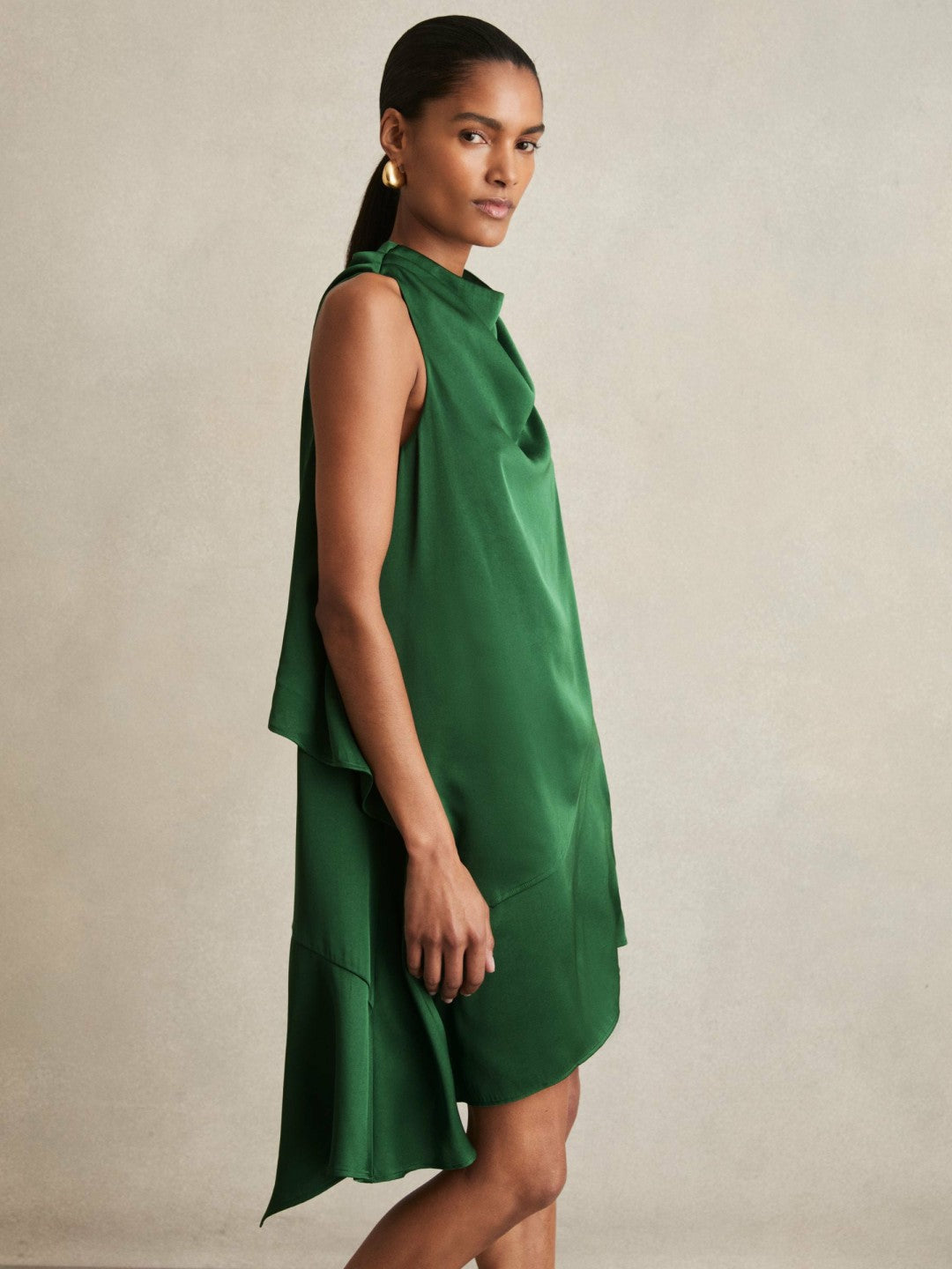 Satin Drape-Neck Layered Dress Green | Women