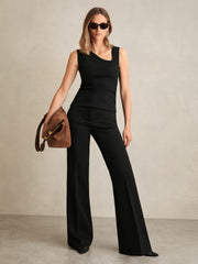 Stretch-Cotton Ribbed Asymmetric Vest Black | Women