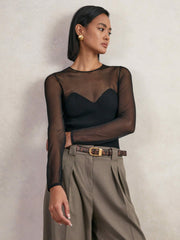 Mesh Knit Sweetheart Long-Sleeve Top Black | Women