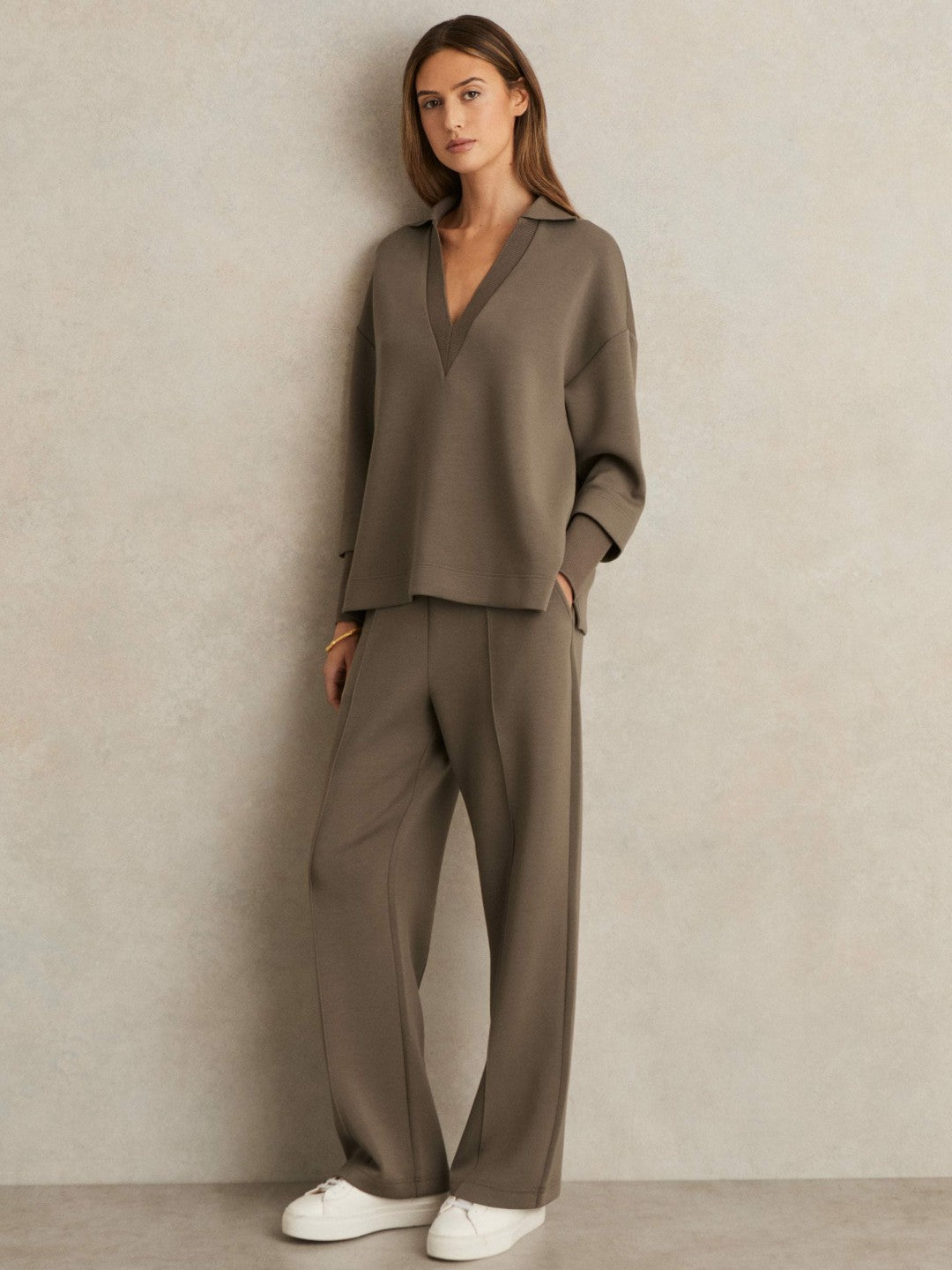 Modal-Blend Interlock Wide-Leg Joggers Khaki Green | Women