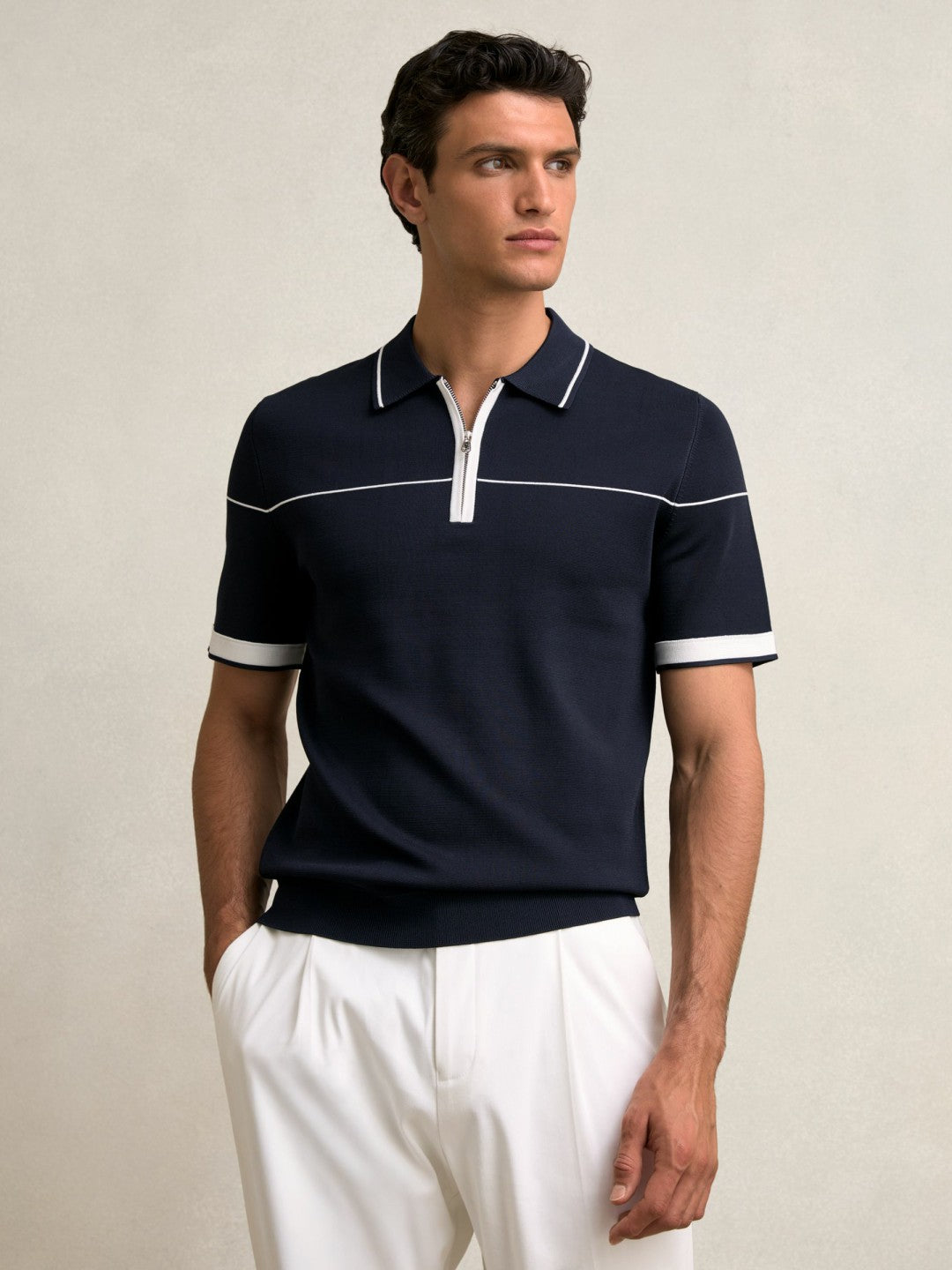 Half Zip Tipped Polo Shirt Navy/White | Men
