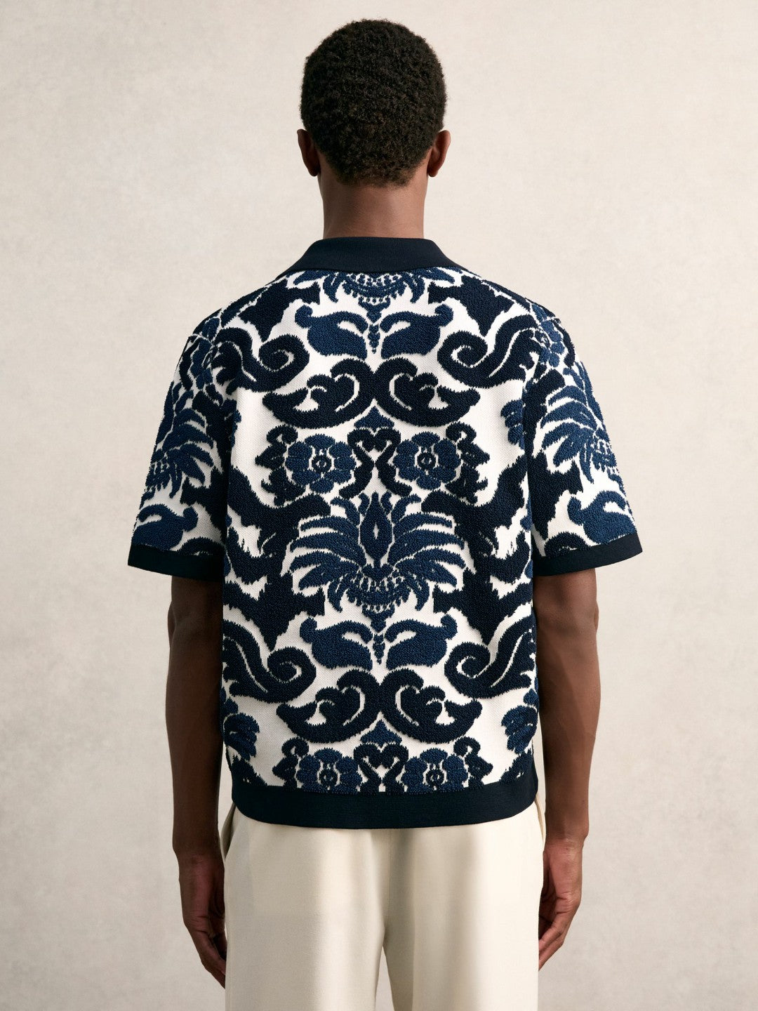Paisley Jacquard Knit Shirt Navy Blue/White | Men