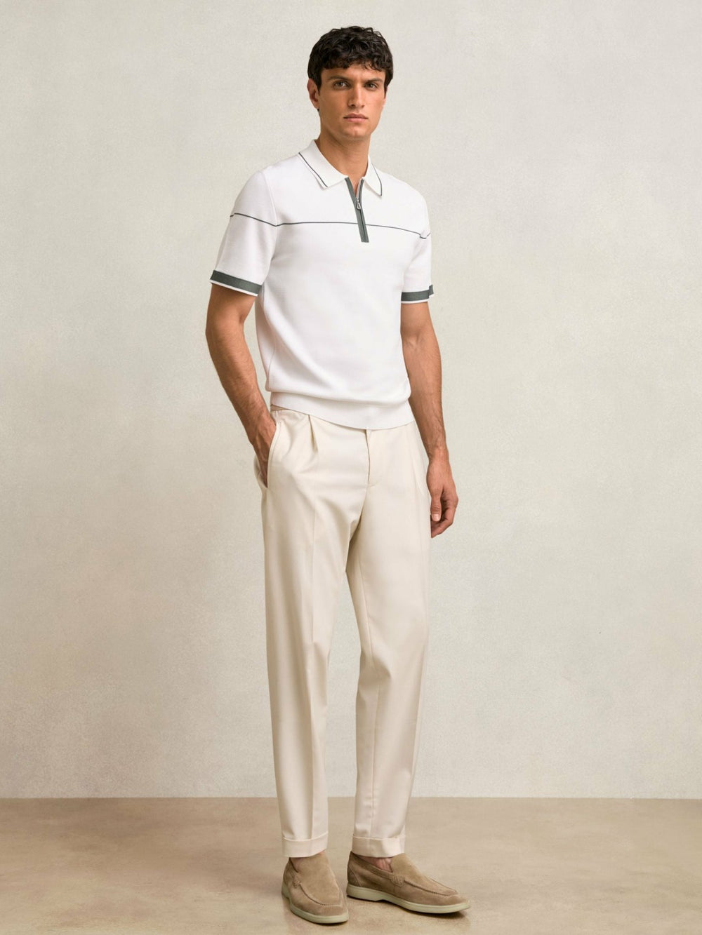 Half Zip Tipped Polo Shirt White/Green | Men