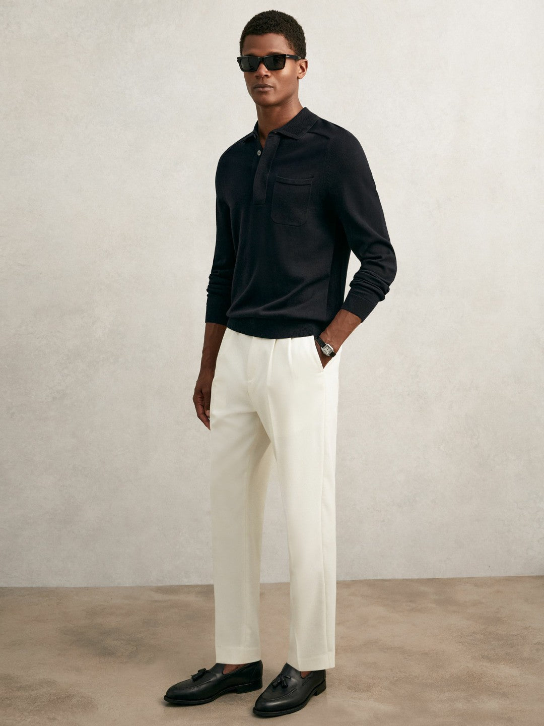 Cotton Concealed Placket Polo Shirt Navy | Men