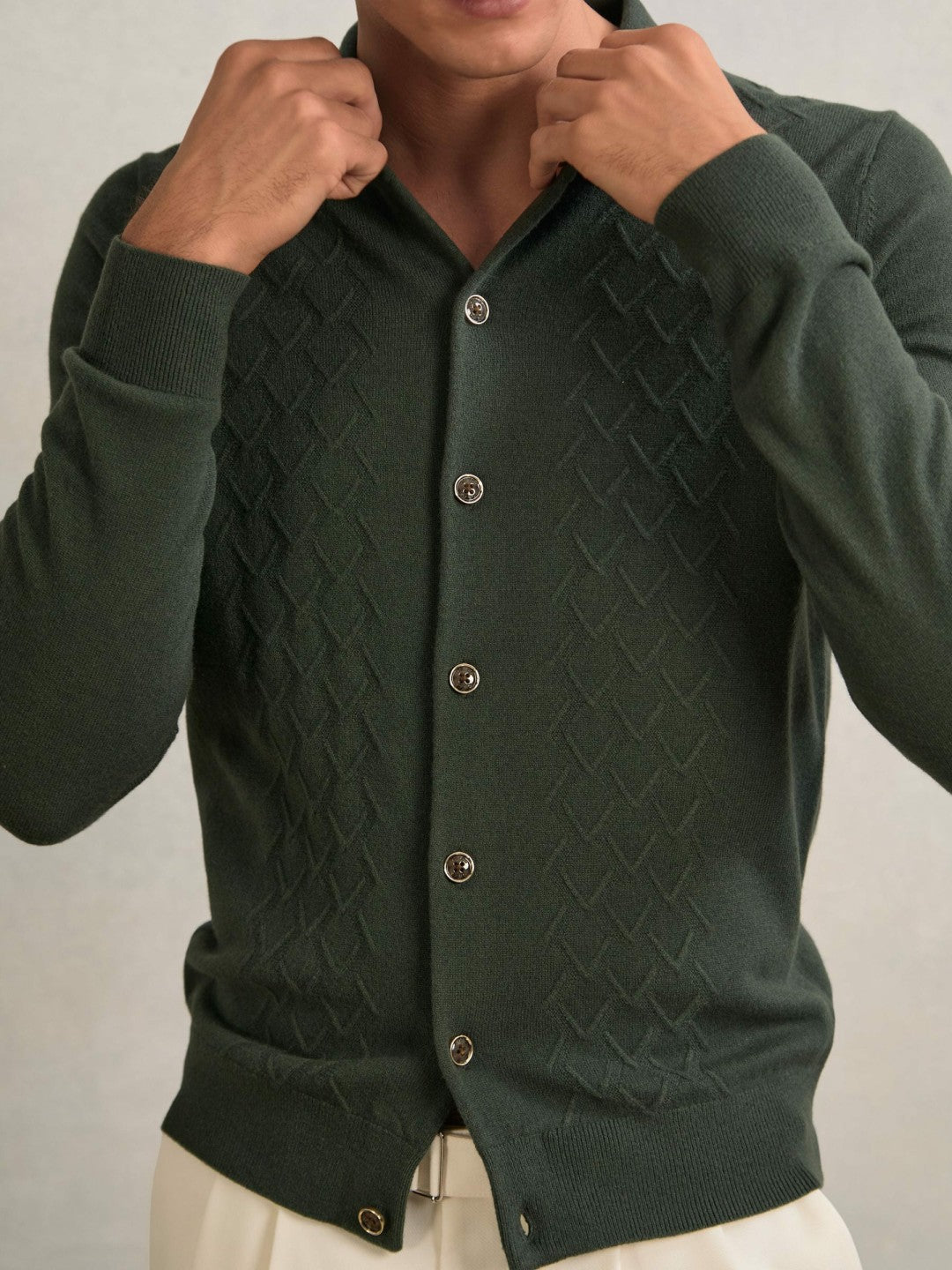 Wool V-Stitch Button-Through Cardigan Forest Green | Men