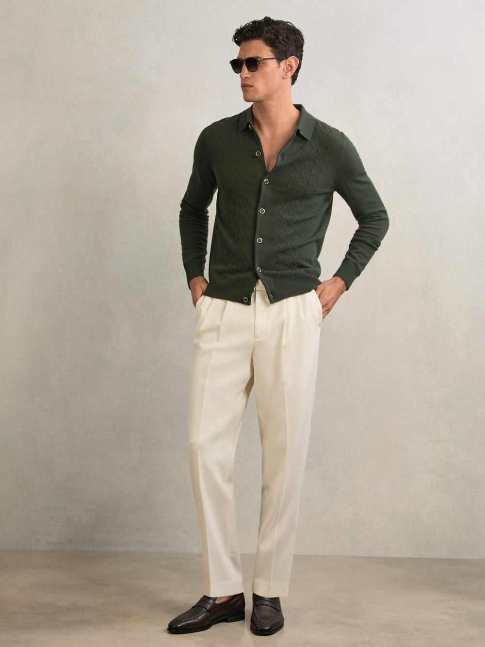 Wool V-Stitch Button-Through Cardigan Forest Green | Men