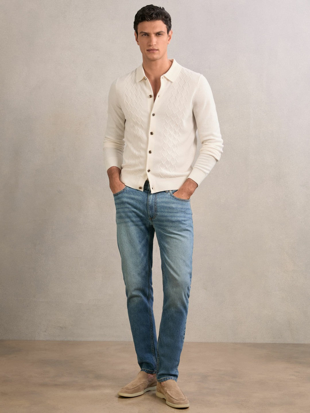Wool V-Stitch Button-Through Cardigan Off White | Men