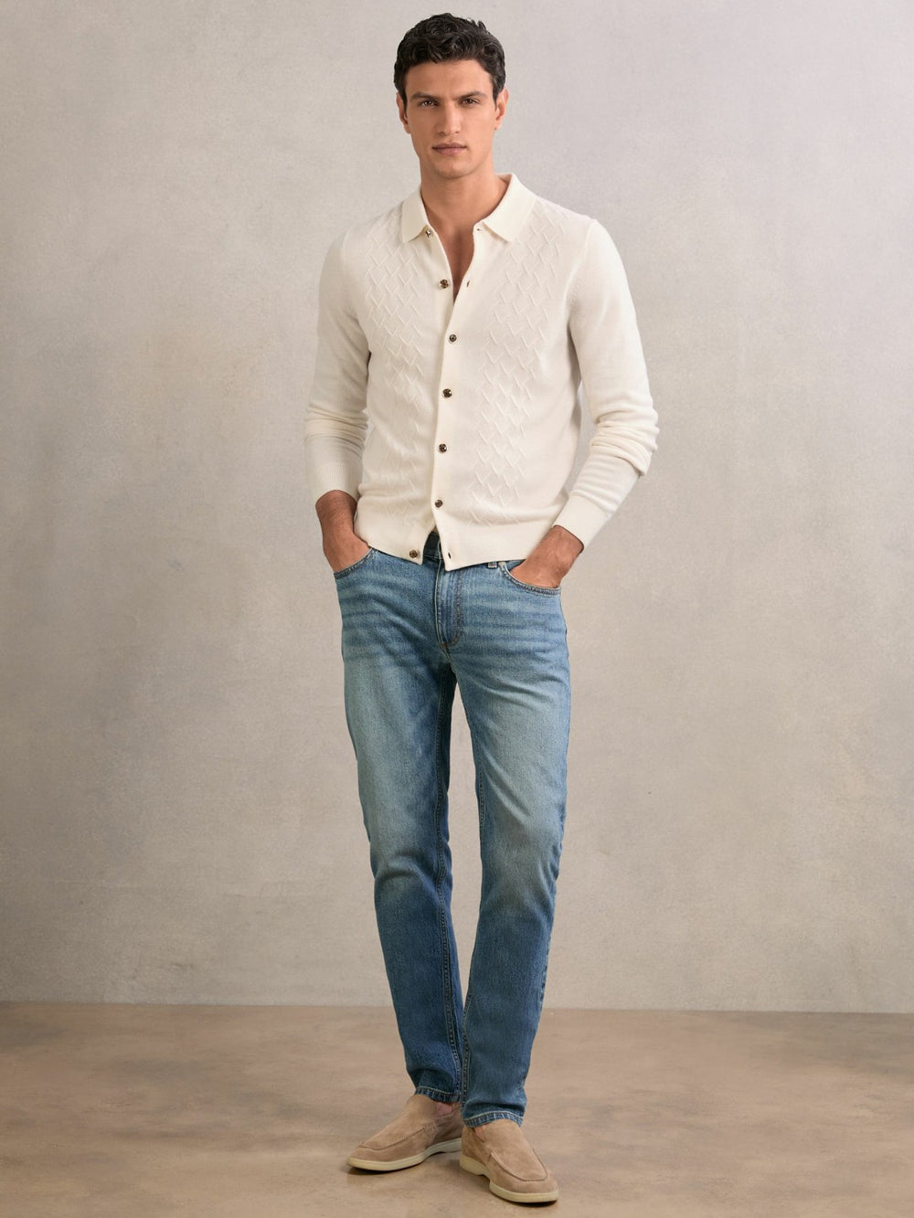 Wool V-Stitch Button-Through Cardigan Off White | Men