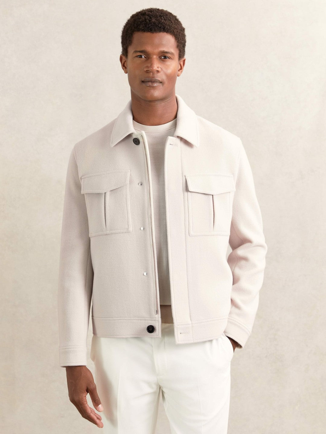 Wool Blend Twin Pocket Zipped Jacket Ivory | Men