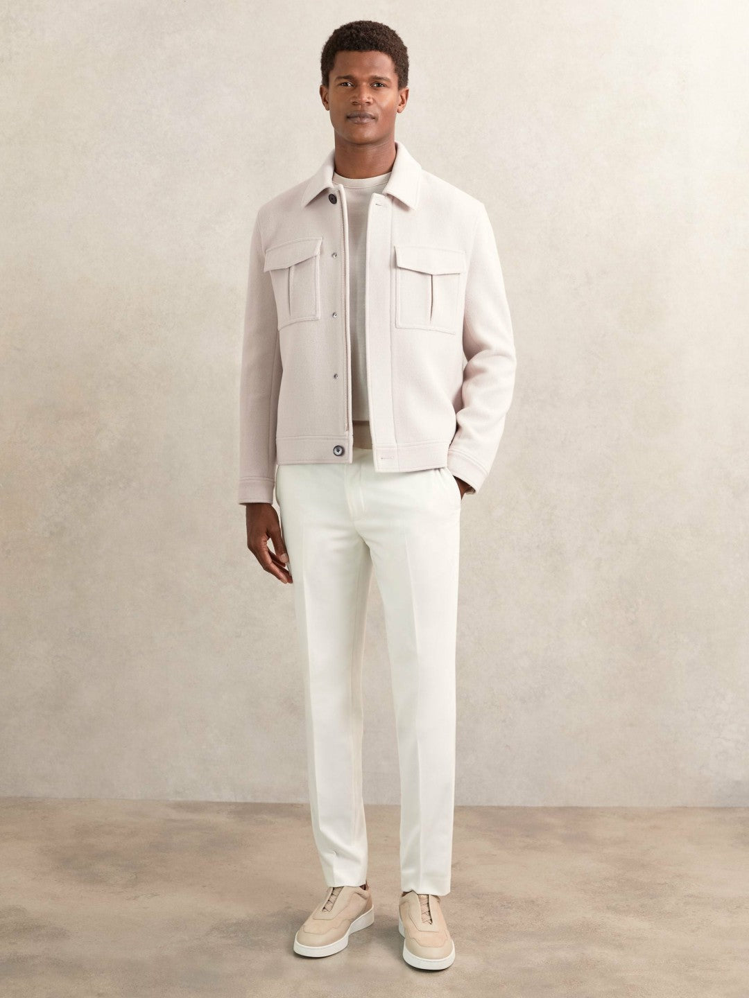 Wool Blend Twin Pocket Zipped Jacket Ivory | Men