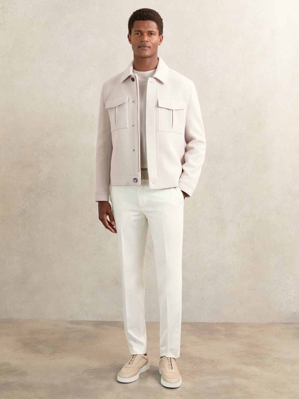 Wool Blend Twin Pocket Zipped Jacket Ivory | Men
