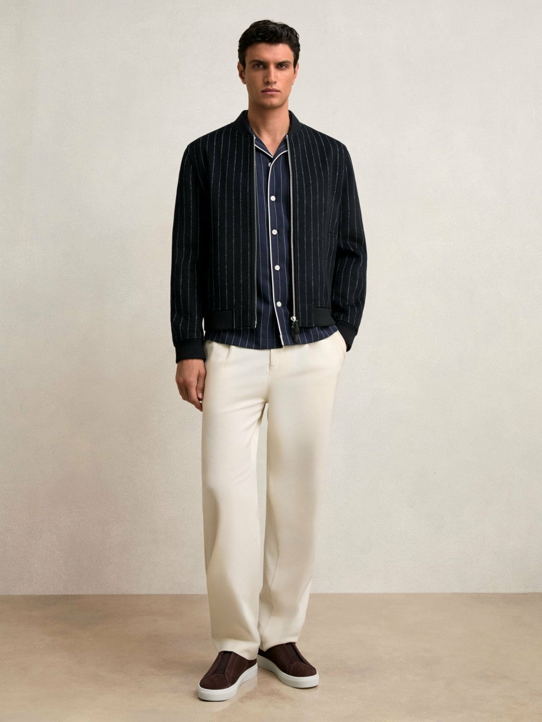 Wool-Blend Chalk-Stripe Bomber Jacket Navy | Men