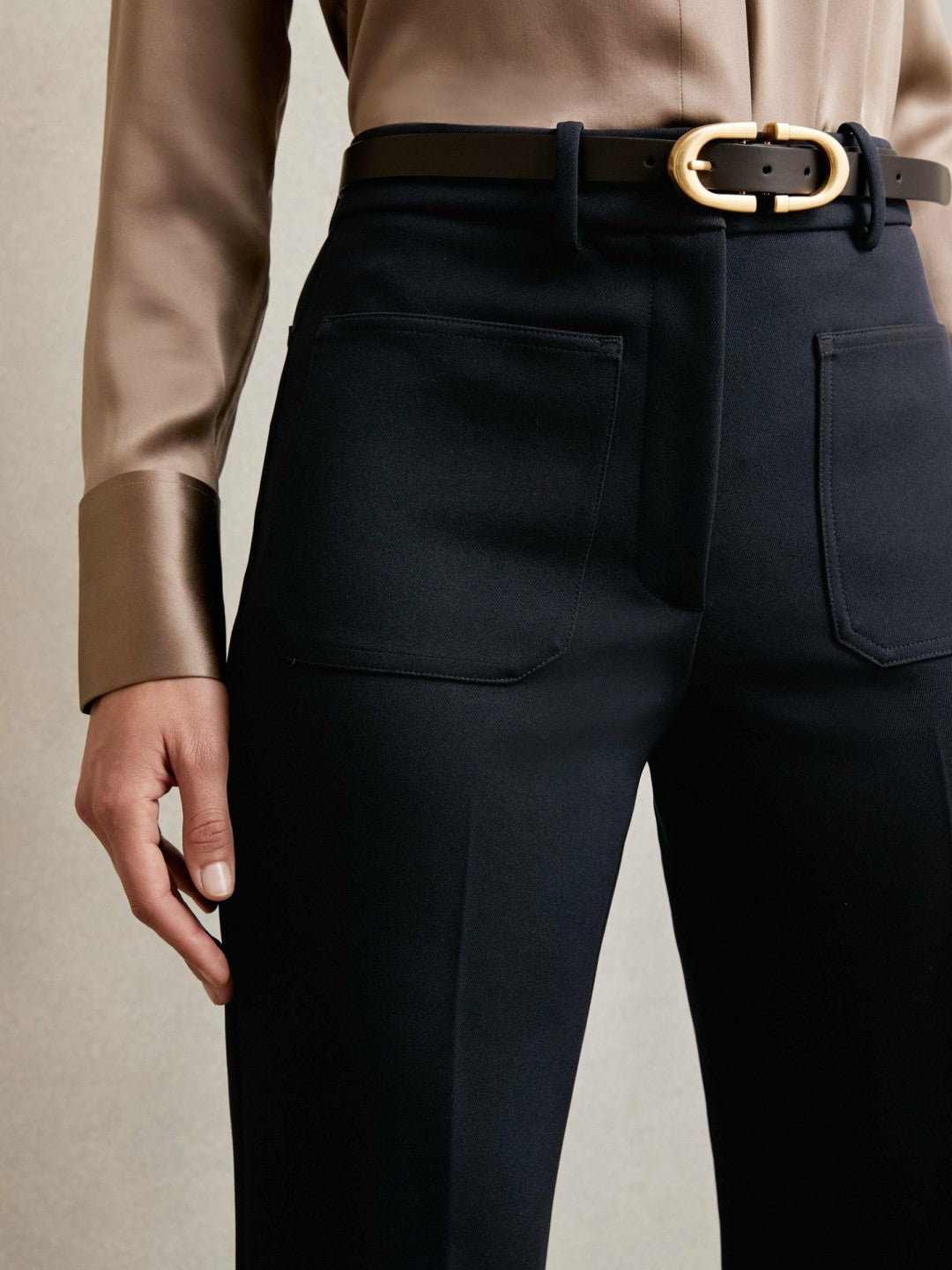 Twill Patch-Pocket Flared Trousers Navy | Women
