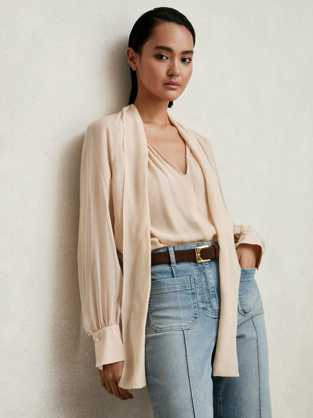 Silk Blend Chiffon Tie-Neck Blouse Pale Pink | Women