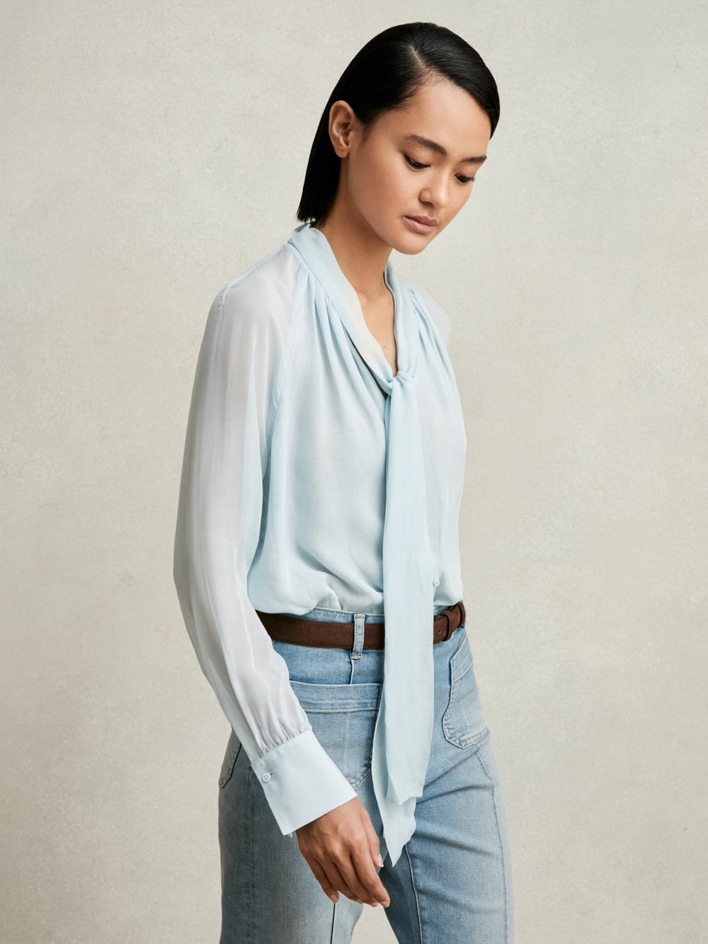 Silk Blend Chiffon Tie-Neck Blouse Pale Blue | Women