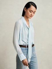 Silk Blend Chiffon Tie-Neck Blouse Pale Blue | Women