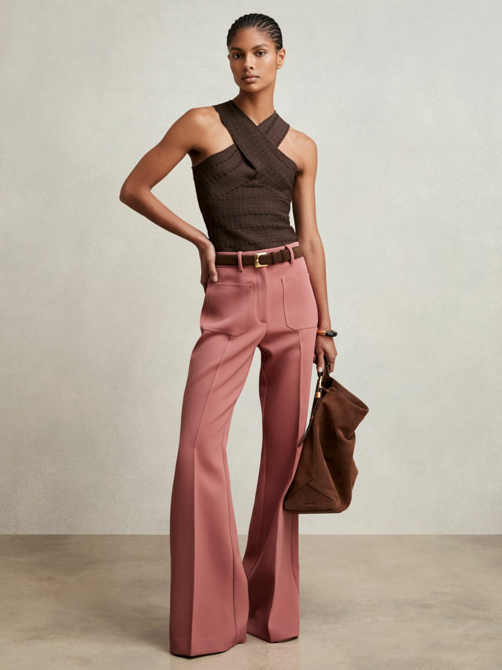 Petite Twill Patch-Pocket Flared Trousers Pink | Women