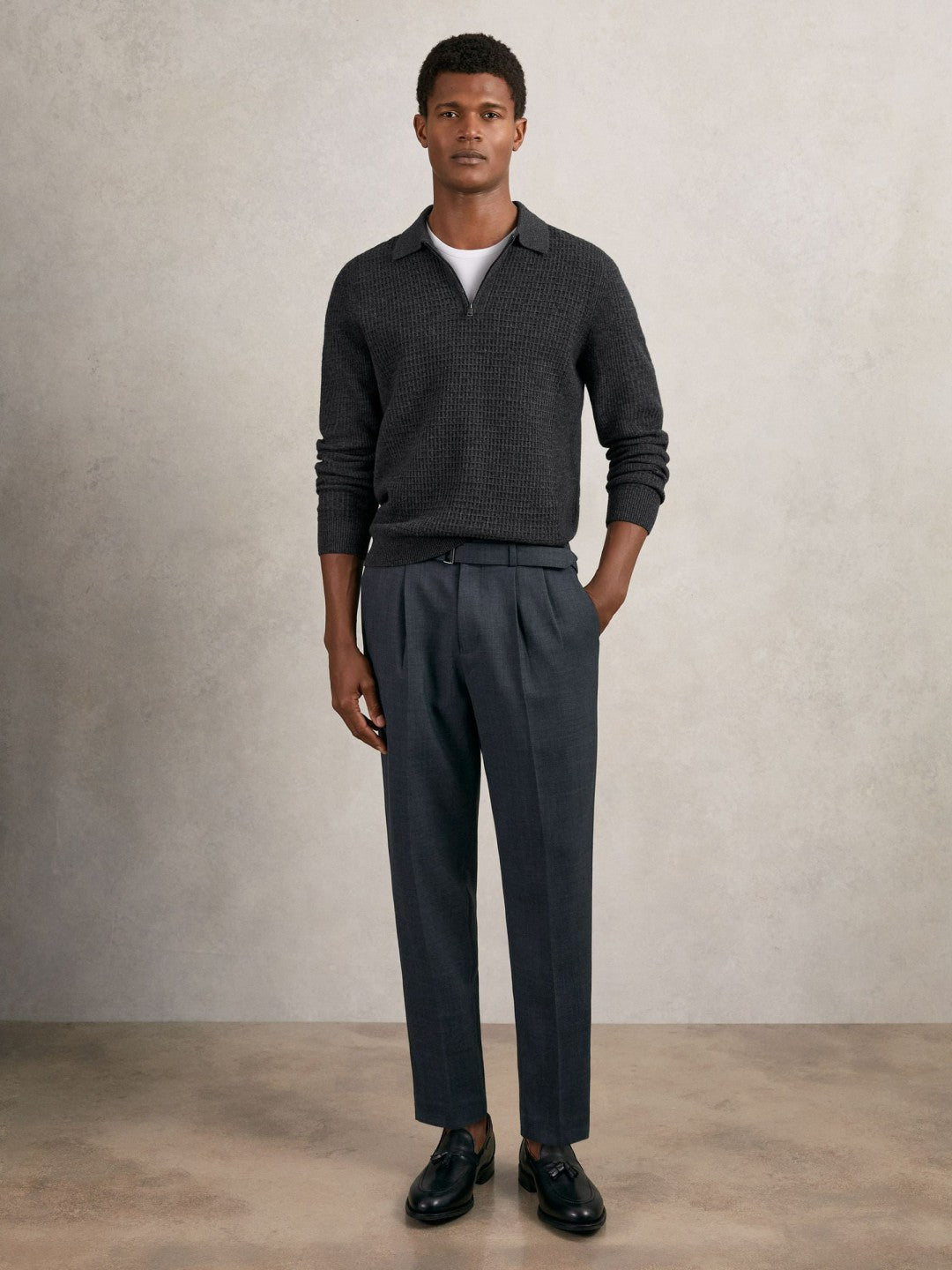 Wool Waffle-Knit Half-Zip Polo Shirt Charcoal Grey | Men