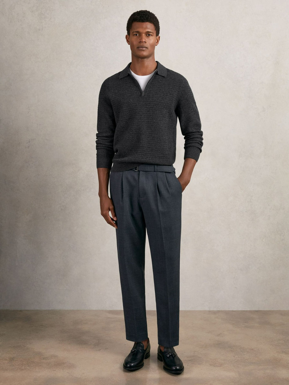 Wool Waffle-Knit Half-Zip Polo Shirt Charcoal Grey | Men