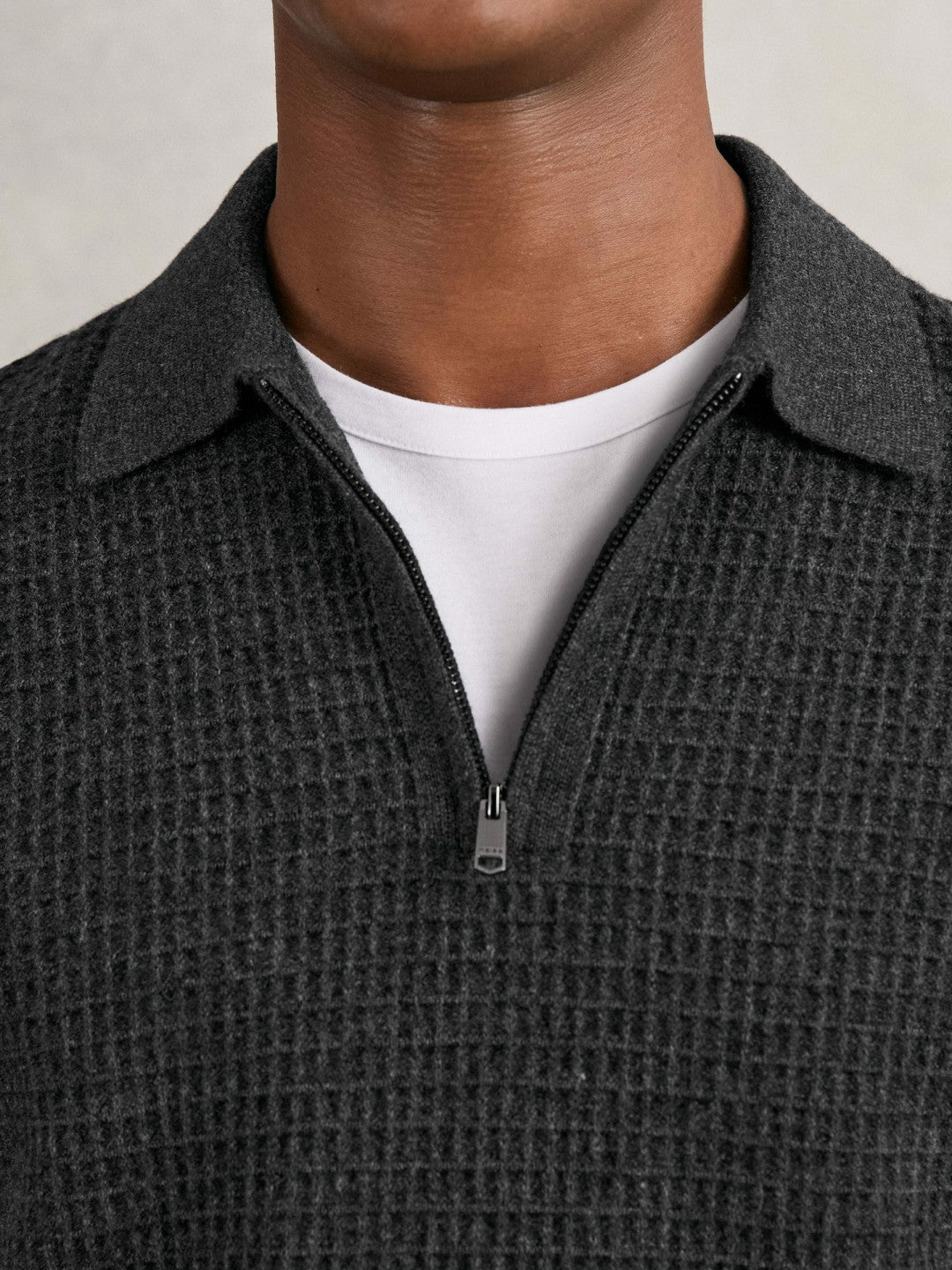 Wool Waffle-Knit Half-Zip Polo Shirt Charcoal Grey | Men