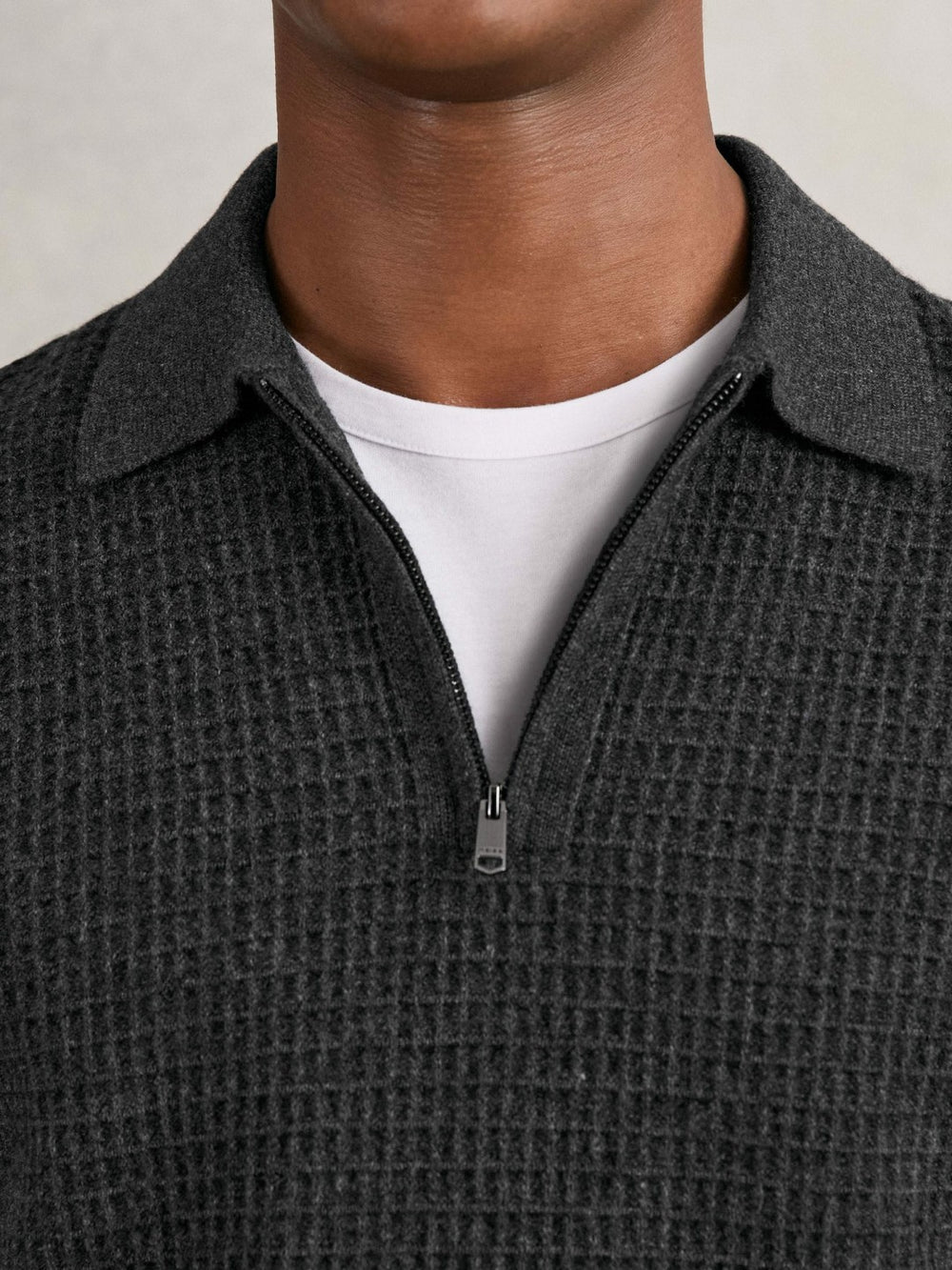 Wool Waffle-Knit Half-Zip Polo Shirt Charcoal Grey | Men