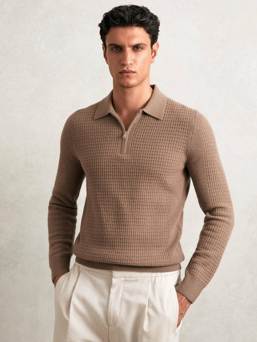 Wool Waffle-Knit Half-Zip Polo Shirt Camel Brown | Men