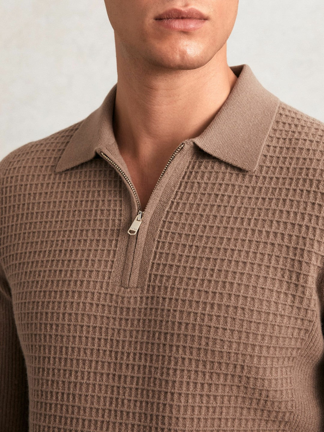 Wool Waffle-Knit Half-Zip Polo Shirt Camel Brown | Men