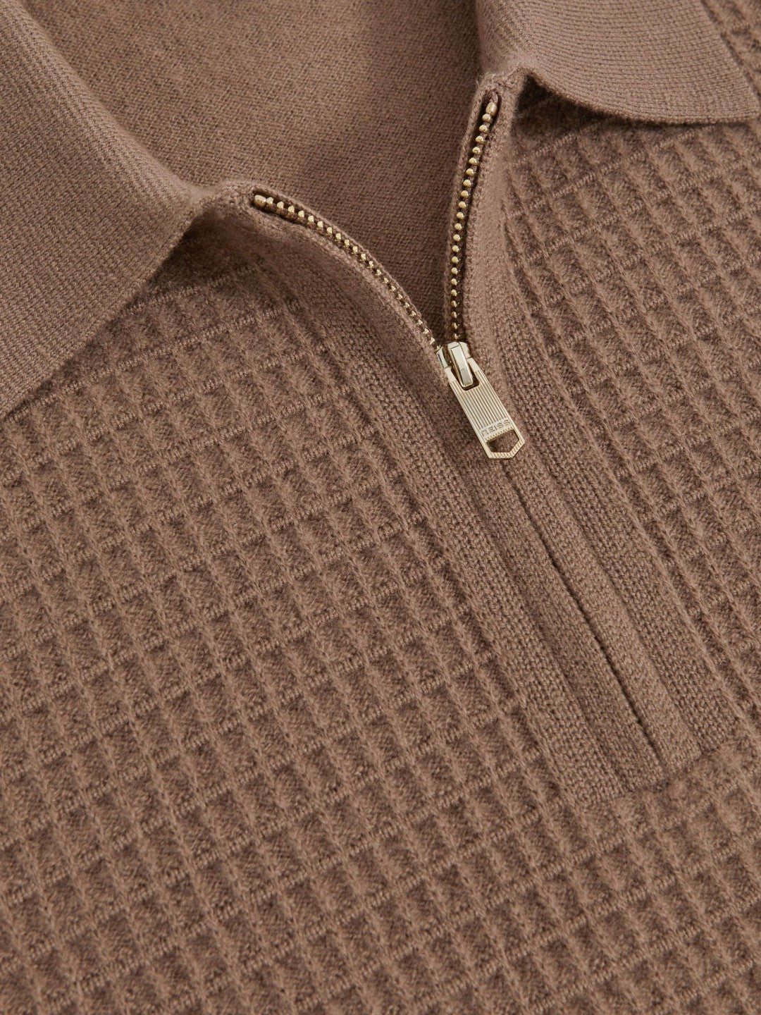 Wool Waffle-Knit Half-Zip Polo Shirt Camel Brown | Men