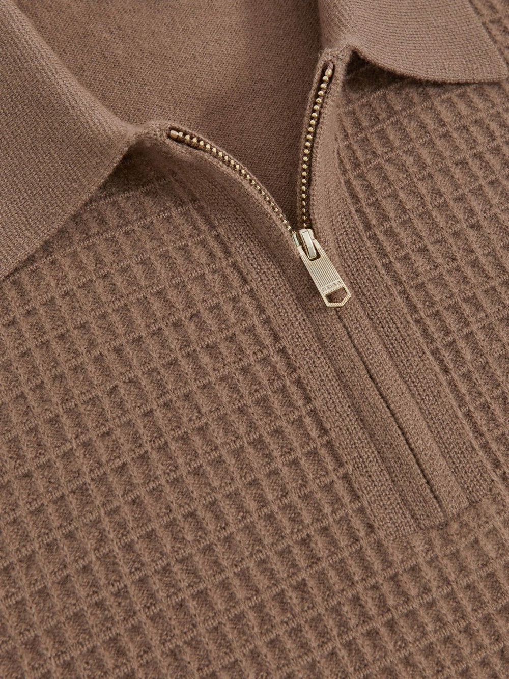 Wool Waffle-Knit Half-Zip Polo Shirt Camel Brown | Men