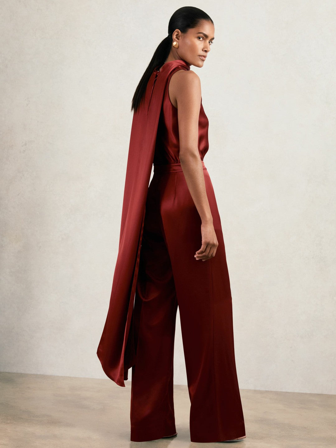 Satin Cape-Sash Jumpsuit Dark Red | Women