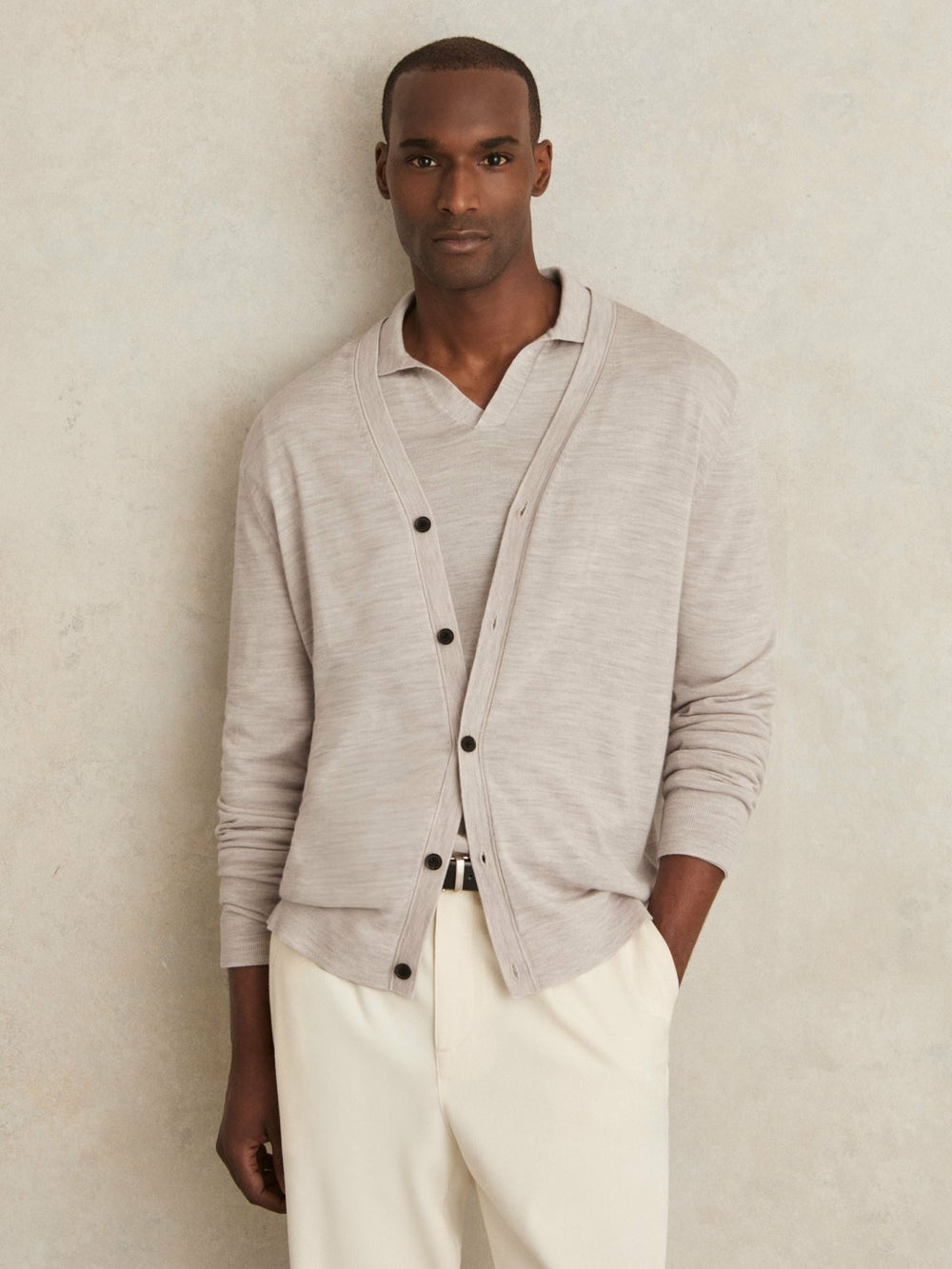 Merino Wool Button-Through Cardigan Wicker Brown Melange | Men