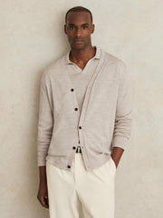 Merino Wool Button-Through Cardigan Wicker Brown Melange | Men