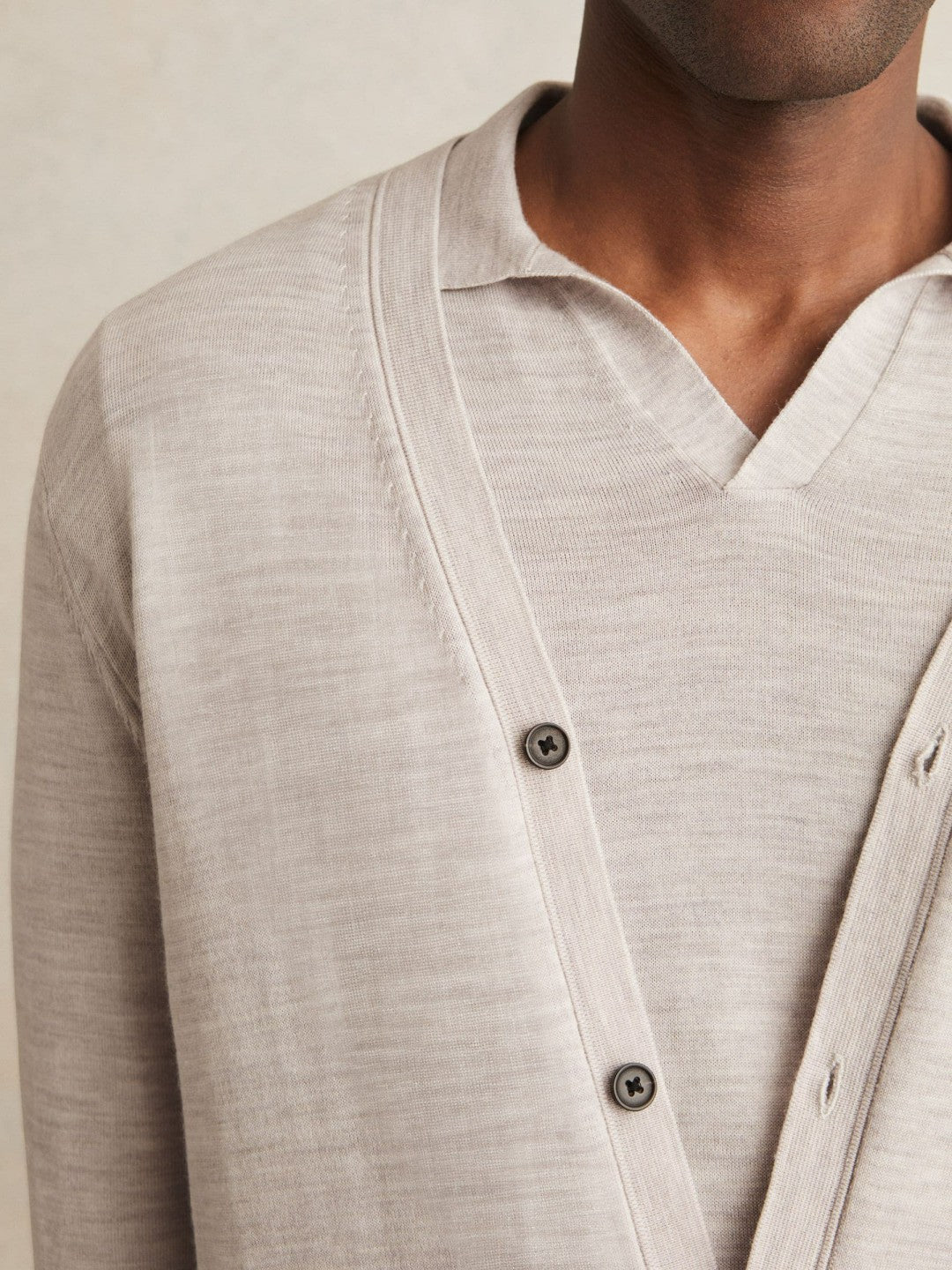 Merino Wool Button-Through Cardigan Wicker Brown Melange | Men