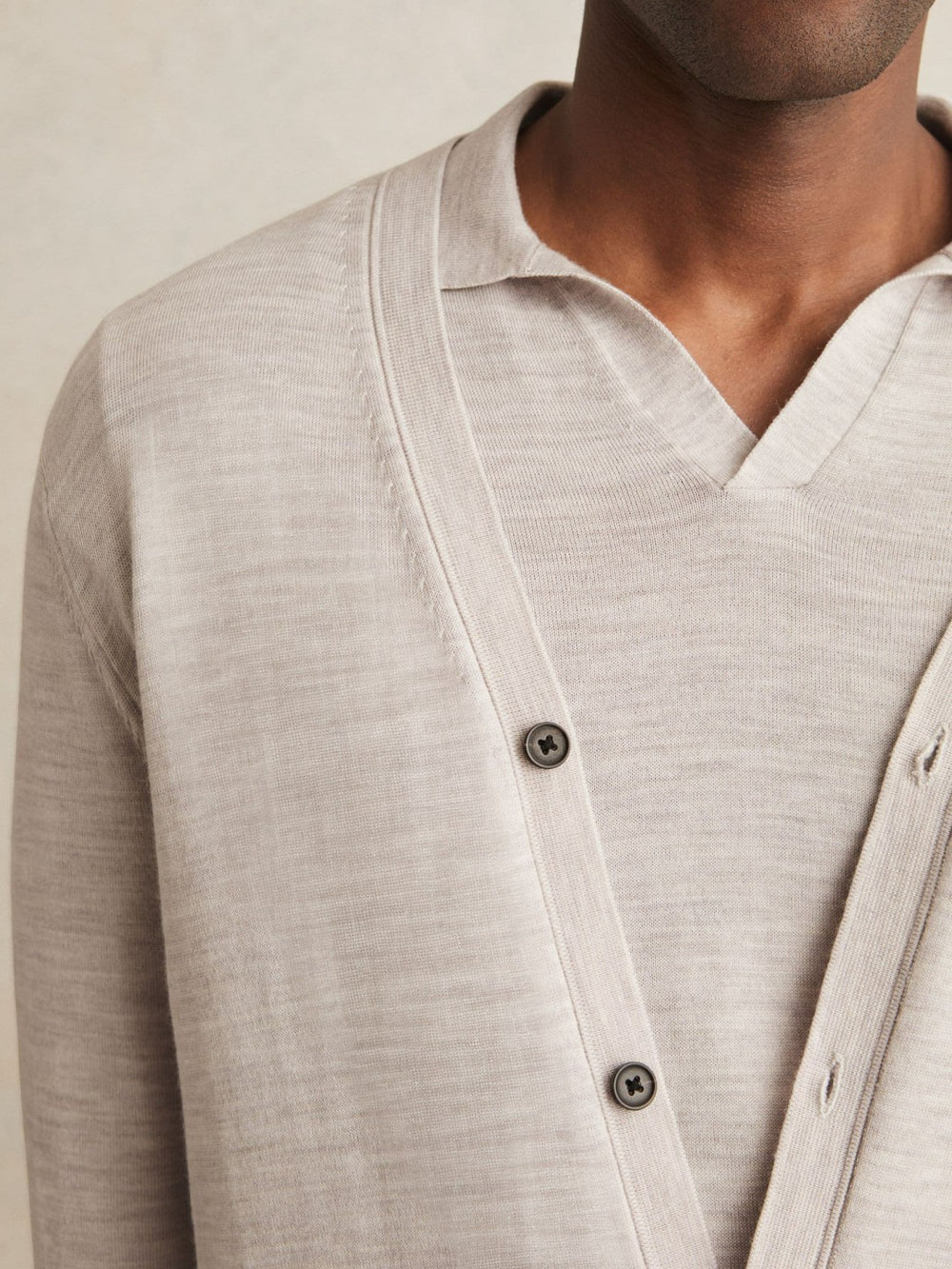 Merino Wool Button-Through Cardigan Wicker Brown Melange | Men