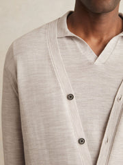 Merino Wool Button-Through Cardigan Wicker Brown Melange | Men