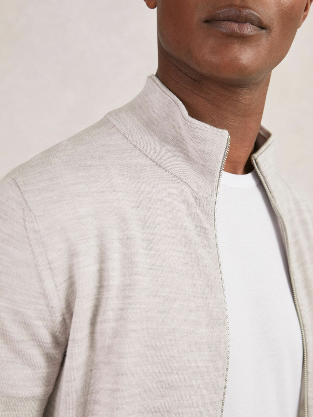 Merino Wool Zip Through Cardigan Wicker Brown Melange | Men