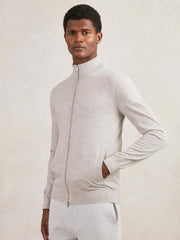 Merino Wool Zip Through Cardigan Wicker Brown Melange | Men