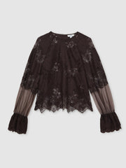 Lace Flared Cuff Blouse Chocolate Brown | Women