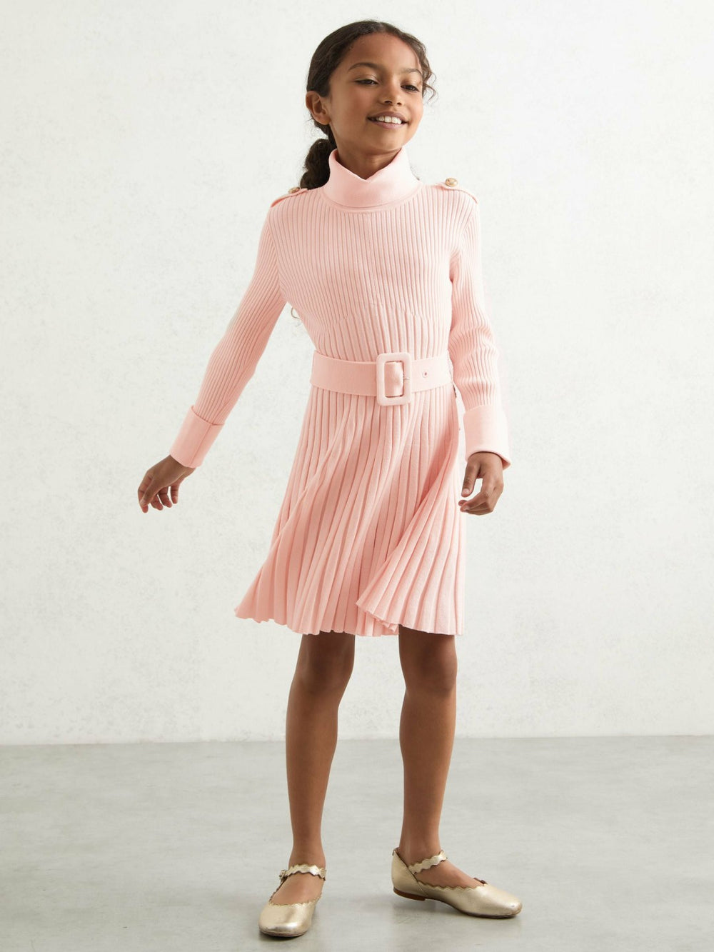 13-14 yrs Rib-Knit Roll-Neck Belted Dress Pink | Children & Baby