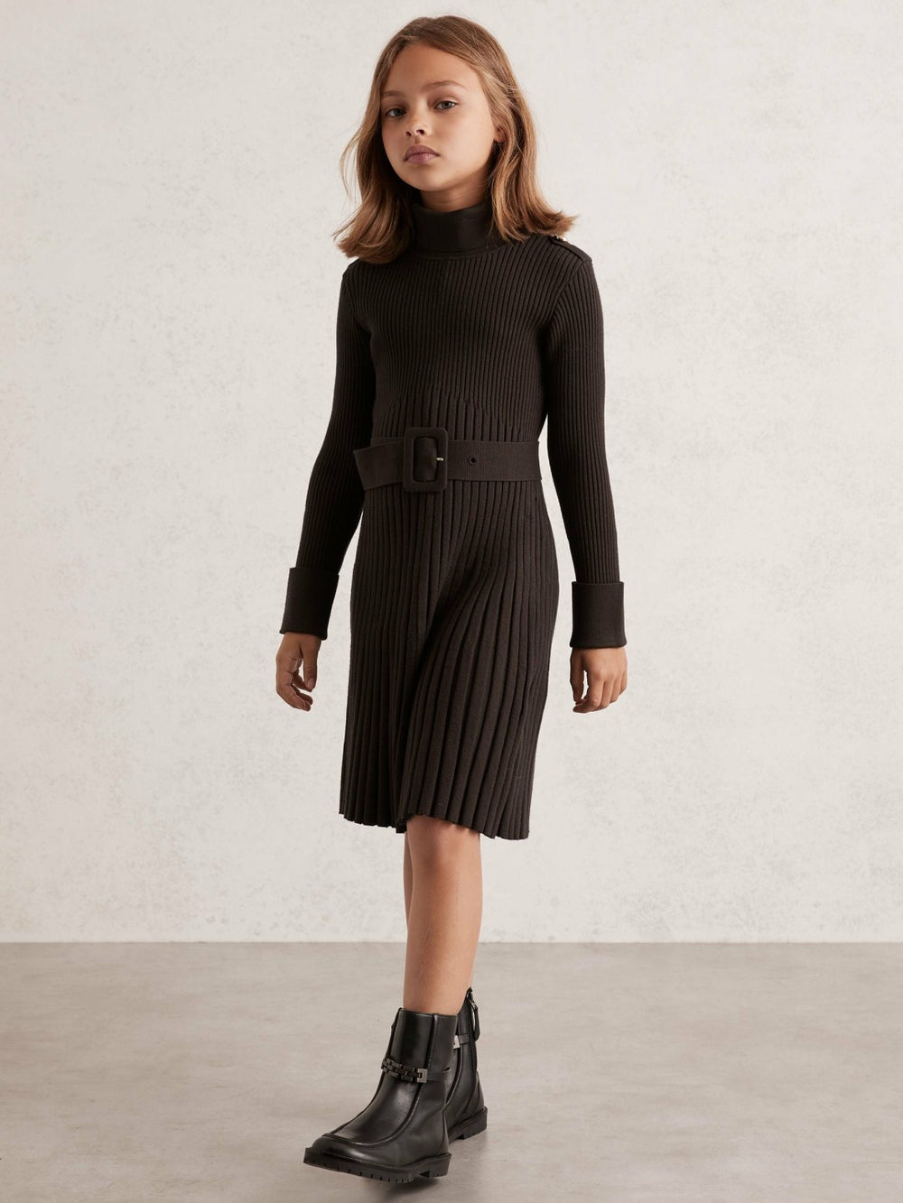 3-9 yrs Rib-Knit Roll-Neck Belted Dress Chocolate | Children & Baby