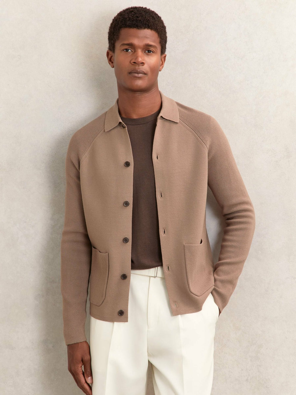 Button-Through Ribbed-Sleeve Shirt Camel Brown | Men
